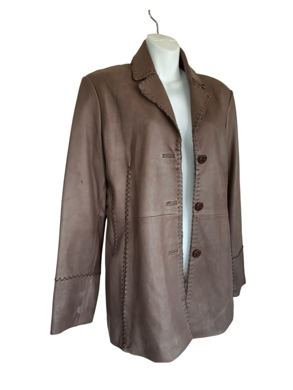 JONES NEW YORK Taupe Leather Jacket with Decorative Stitching. Butter Soft! L